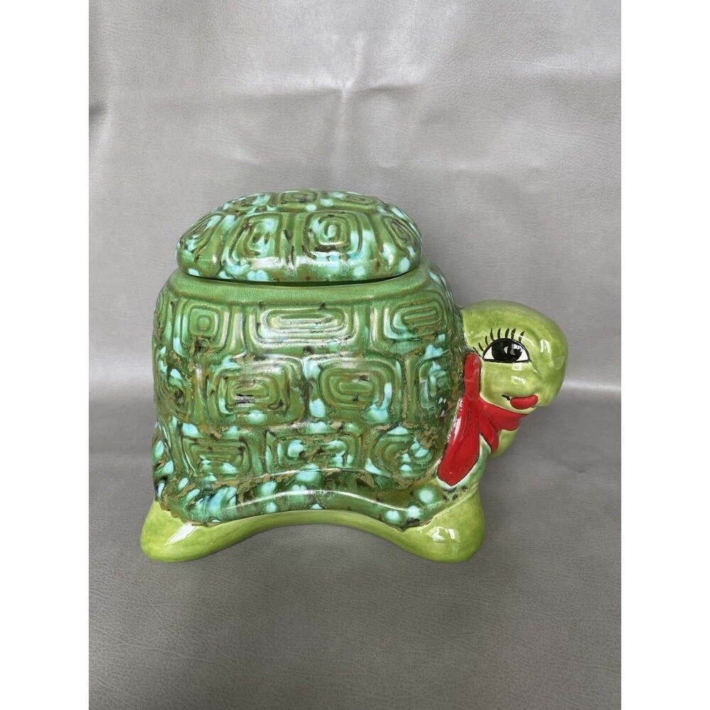 Vintage Ceramic Cookie Jar Tortoise Green Red Scarf Signed